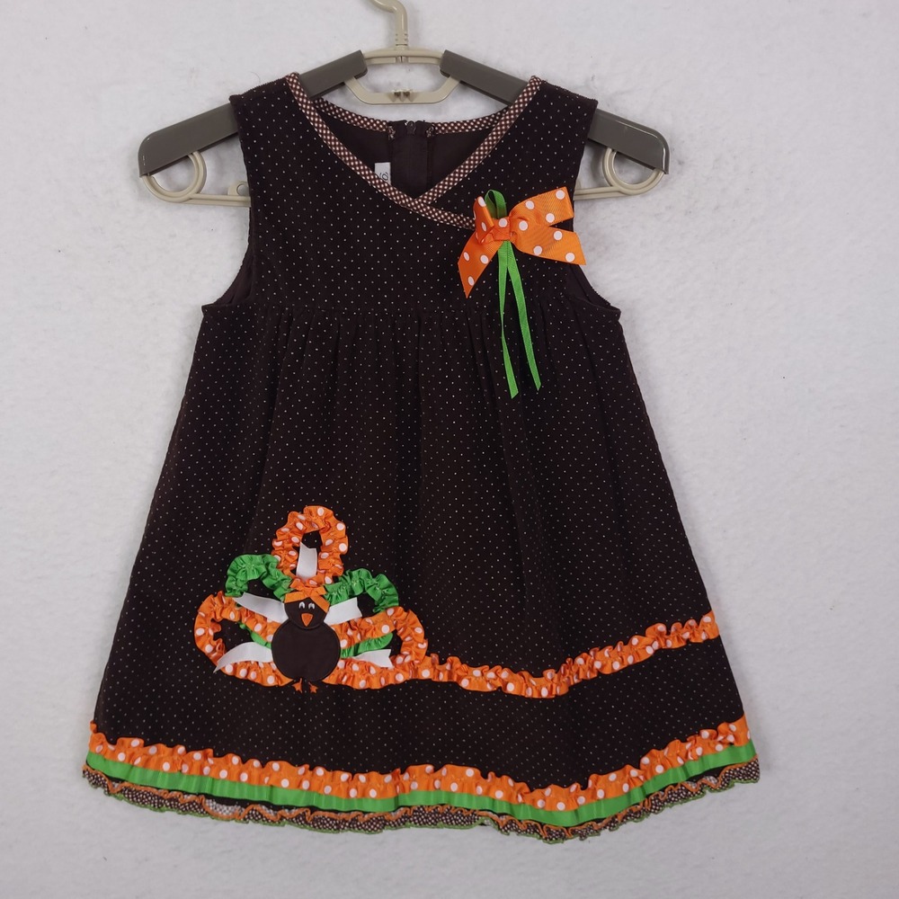 Bonnie Jean Dress Girls 2TBrown Corduroy Thanksgiving Turkey Polka Dot Ruffle